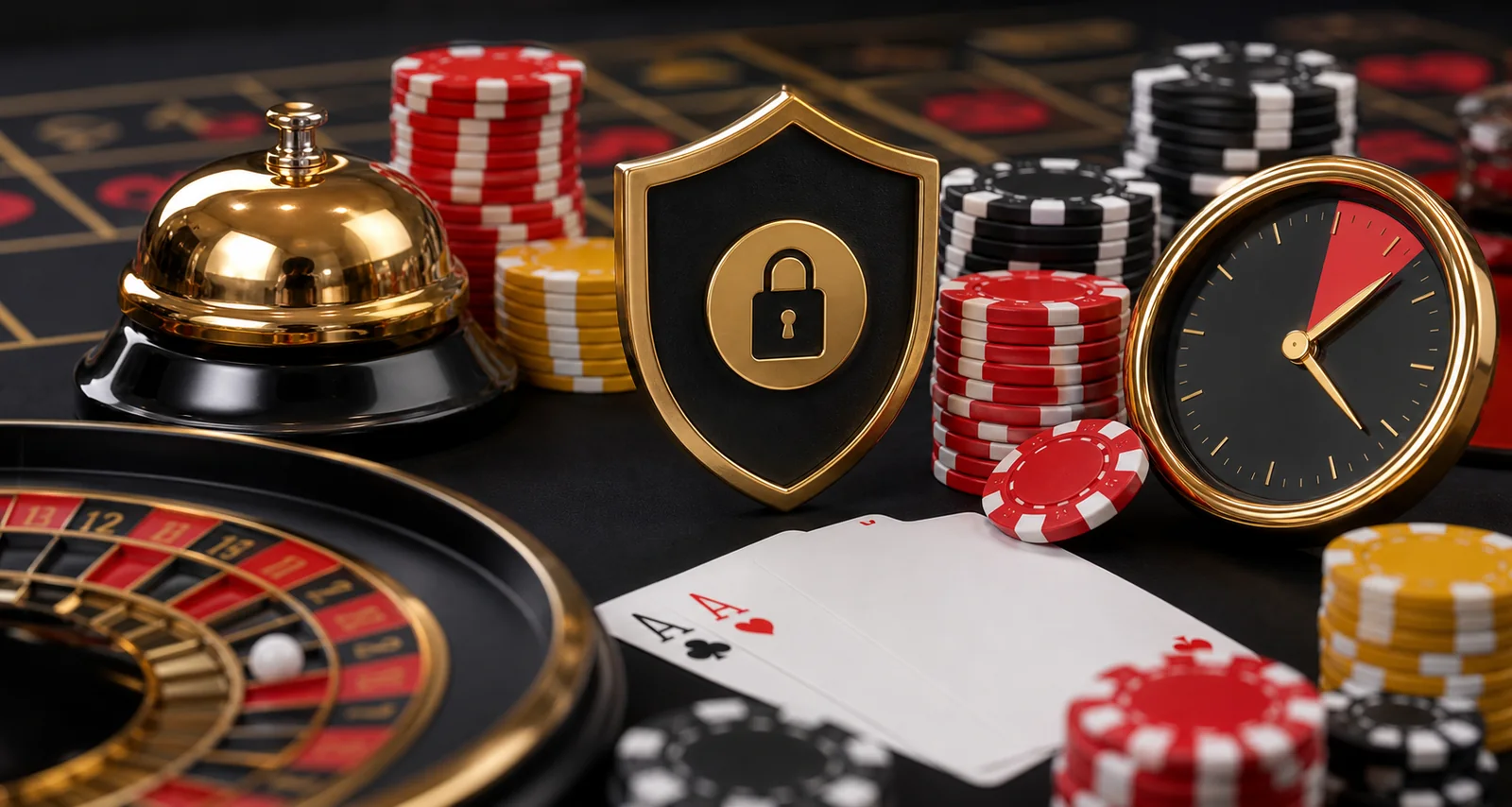 Escudo, relógio e painel representando segurança e controle em jogos online