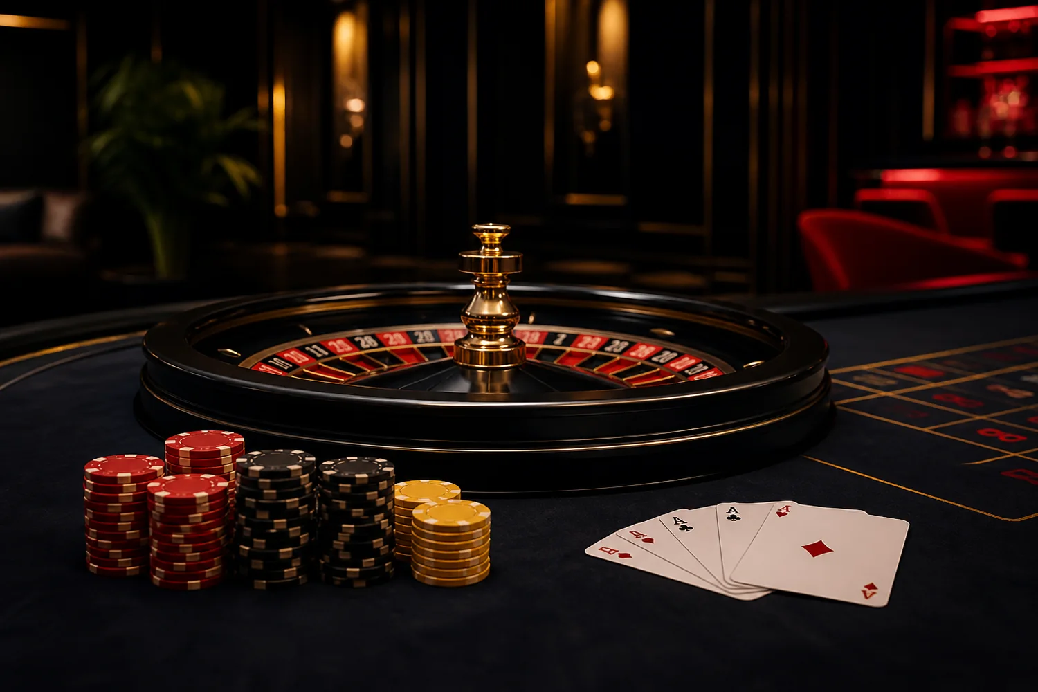 Mesa com roleta, cartas, fichas e elementos de análise de jogos online
