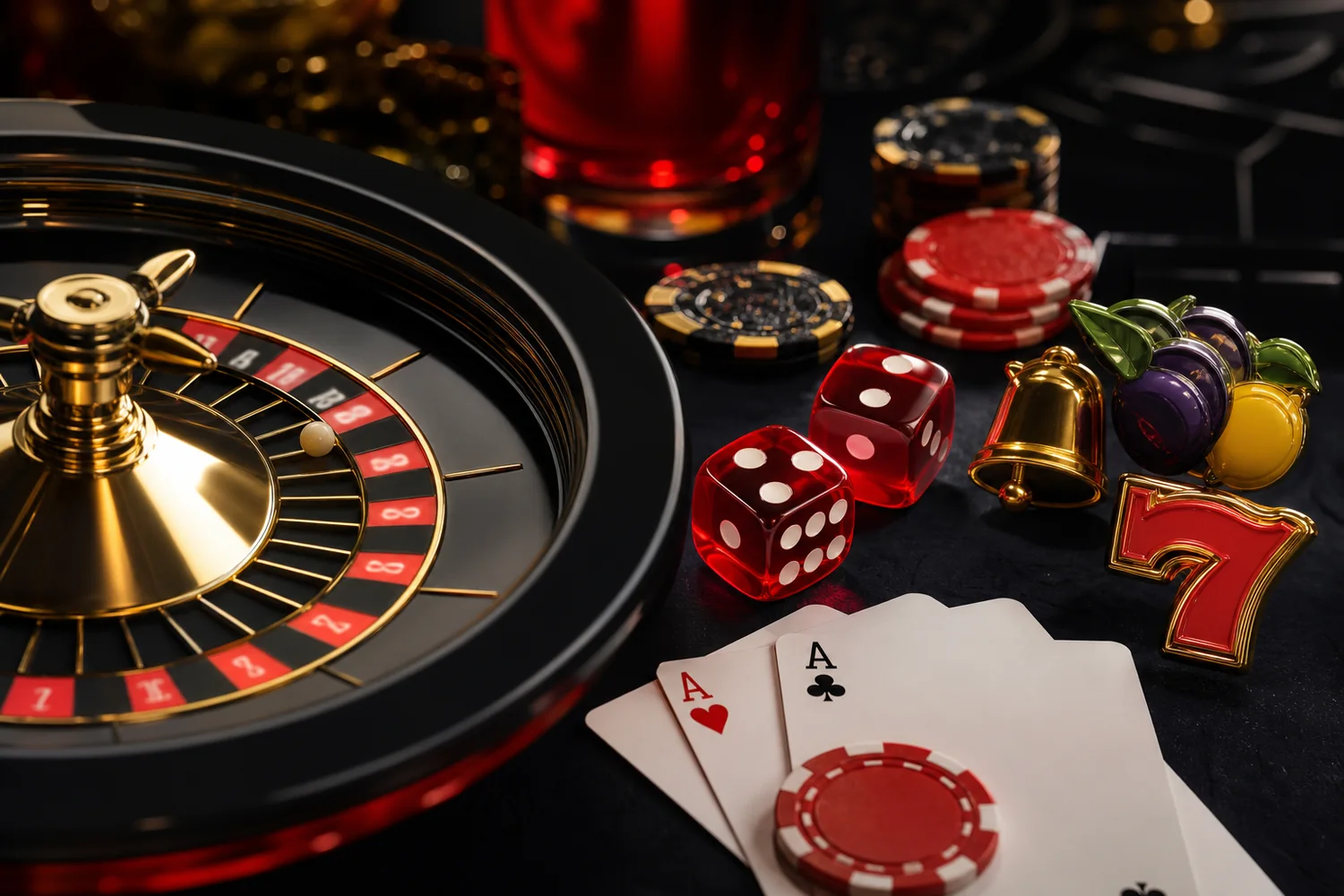 Roleta, cartas, slot e elementos esportivos representando modalidades de jogos online